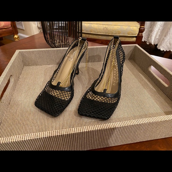 Mesh Chain Ankle Black Kitten Heels - Picture 2 of 5